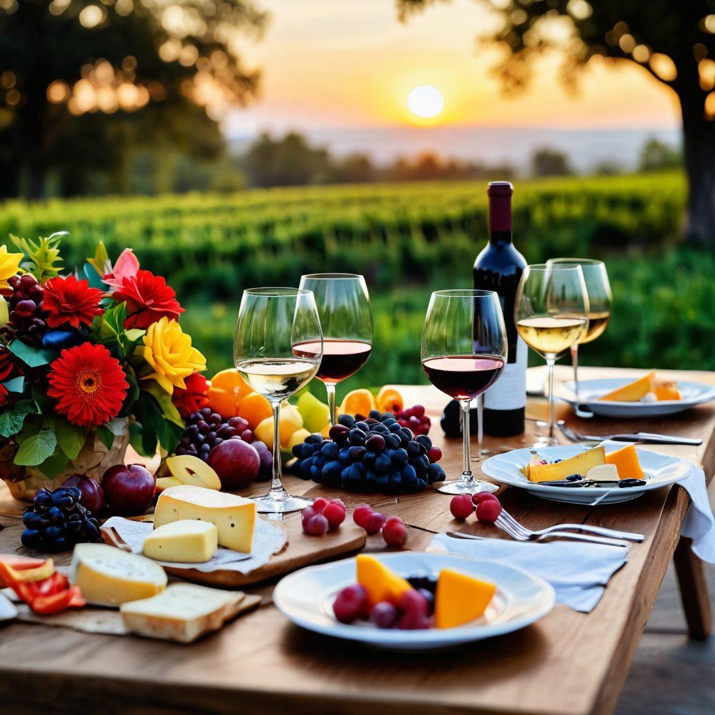 A beautifully arranged wine tasting table set outdoors, surrounded by lush greenery and colorful flowers, featuring elegantly designed wine glasses filled with vibrant red and white wines. Shadows play on the table, highlighting wine bottles with artistic labels, while a soft sunset glow provides a warm ambiance. Cheerful guests are clinking glasses in celebration, with plates of artisanal cheese and fresh fruit nearby. The scene evokes joy and luxury in wine tasting experiences. super-realistic. vibrant colors. soft focus.