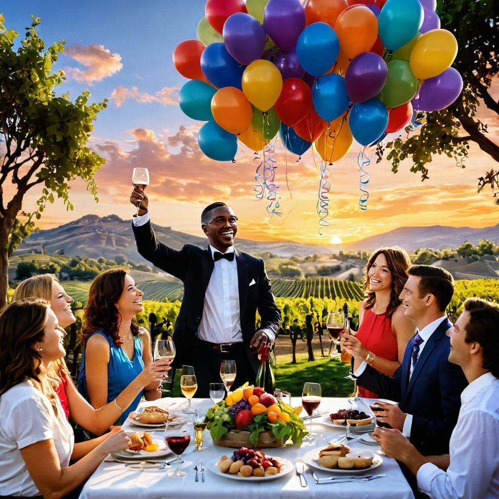A vibrant scene depicting a lively outdoor wine event with people laughing, clinking glasses, and enjoying gourmet food. Include colorful decorations with balloons and streamers, a beautiful vineyard backdrop, and a sunset sky casting a warm glow. Showcase an assortment of elegant wine bottles and glasses, with a charismatic sommelier engaging with the crowd. The atmosphere should exude joy and celebration. super-realistic. vibrant colors. outdoor setting.