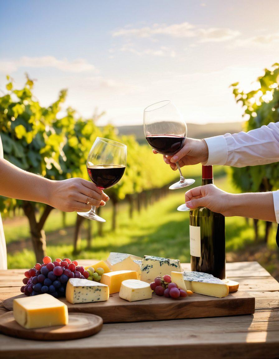 An elegant, sunlit vineyard with rows of grapevines stretching into the horizon, accompanied by a vintage wooden table set for a wine tasting. Glasses of diverse wine colors reflecting the sunlight, alongside an array of delectable cheeses and fruits to emphasize pairing. A joyful couple toasting in the foreground, capturing the essence of happiness and celebration. soft focus. bright colors. impressionistic.